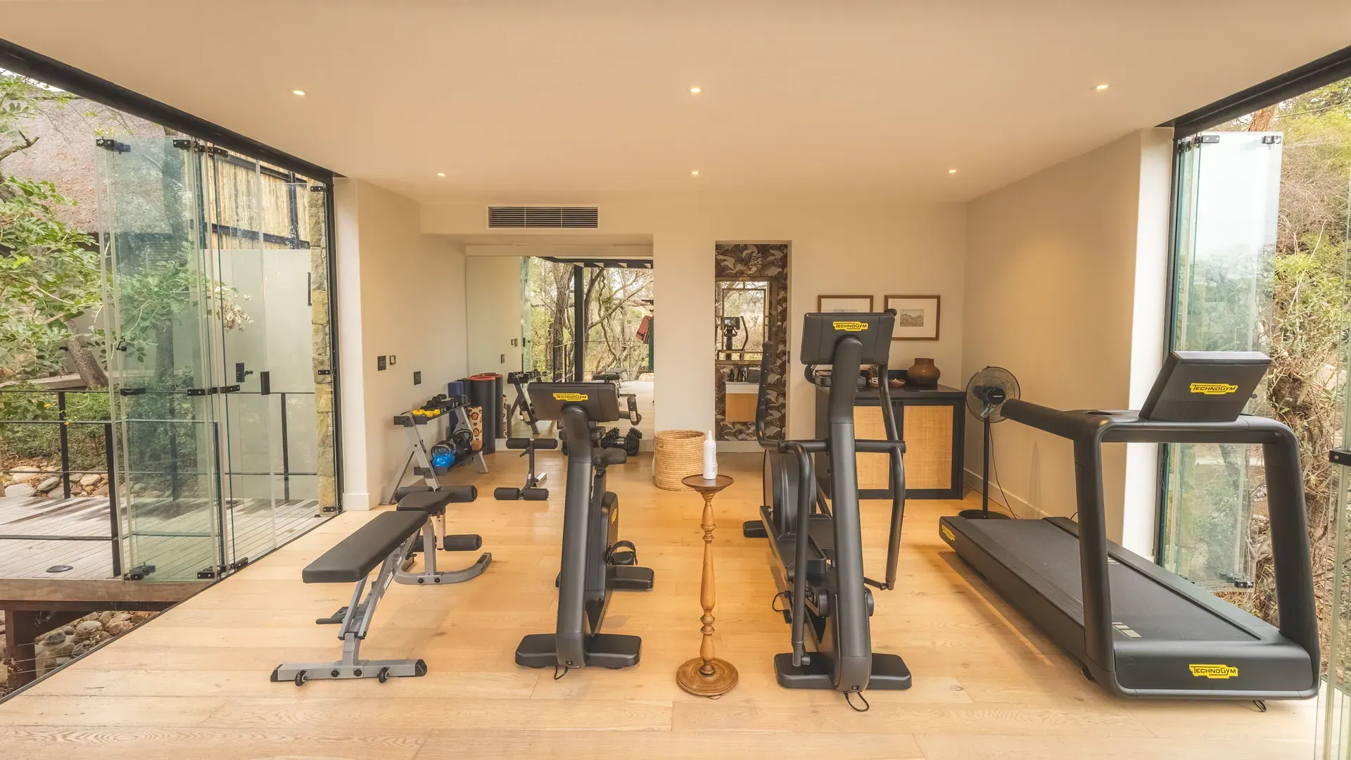 Fully equipped gym facility at Monwana, set in the African bush.