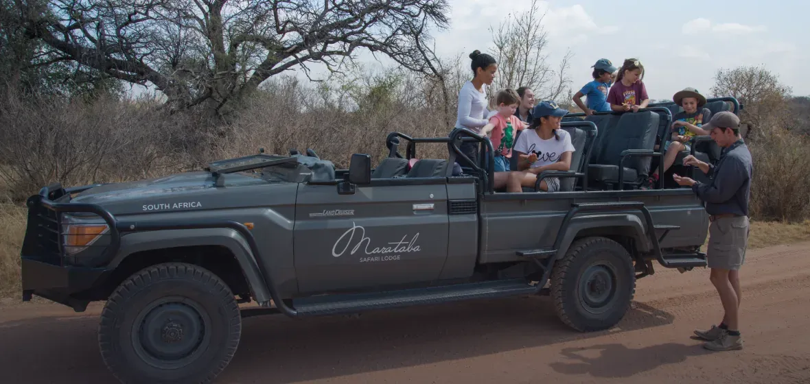 Private field guide driving an open safari vehicle with guests, ready to explore the wildlife