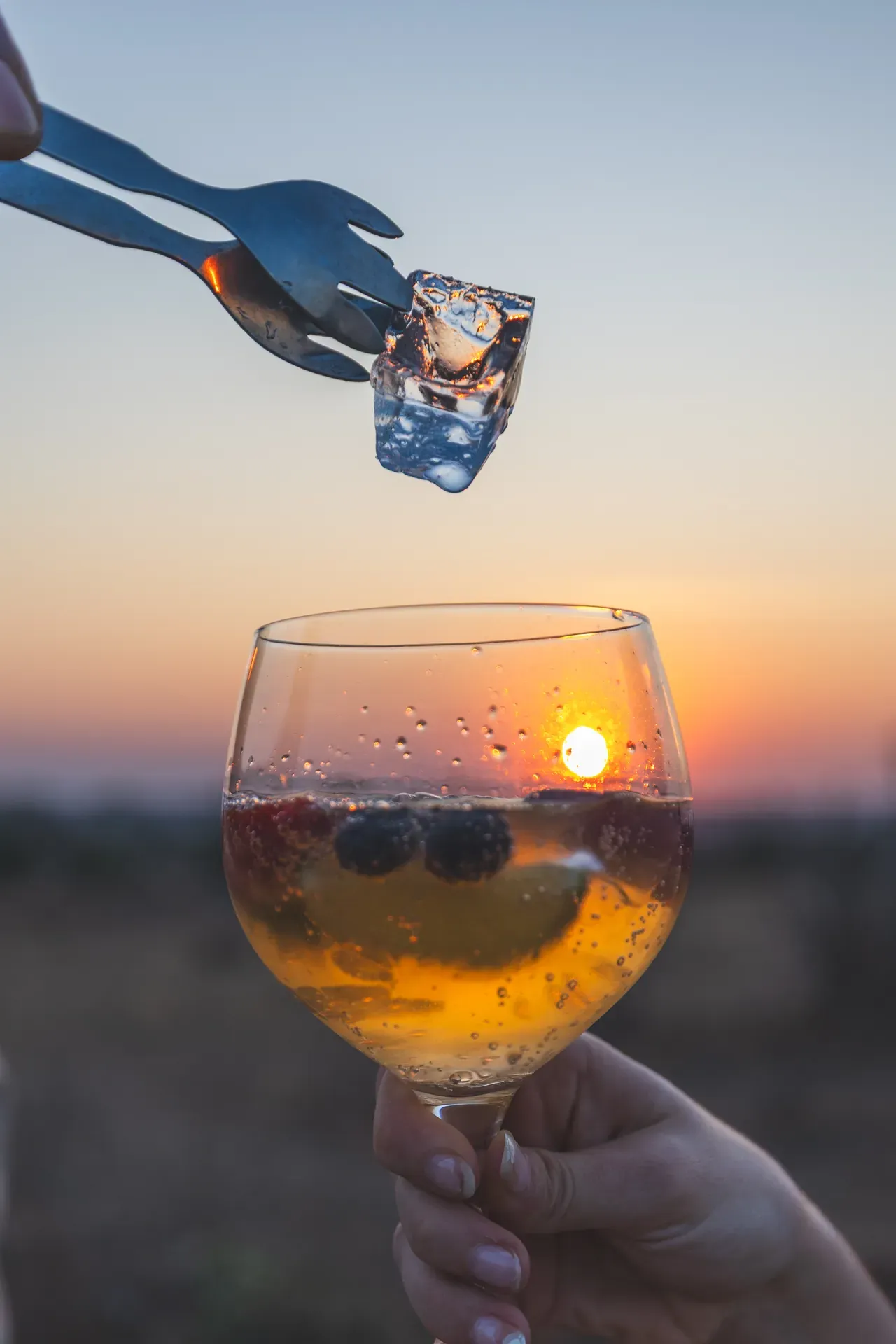Sundowner drink at Monwana Lodge, set against the African bush at sunset.