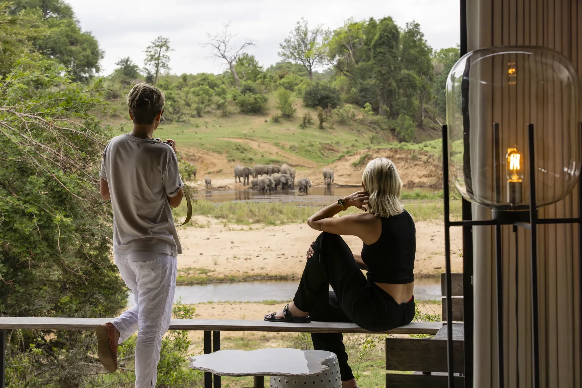 Guest sitting on a bench in the savanna, enjoying panoramic safari views under the open sky